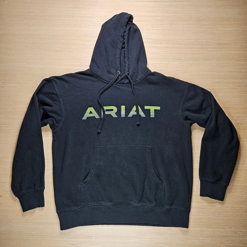 Ariat Black Pullover Hoodie Sweatshirt Men's S Neon Green Logo Spellout Graphic - Picture 2 of 9